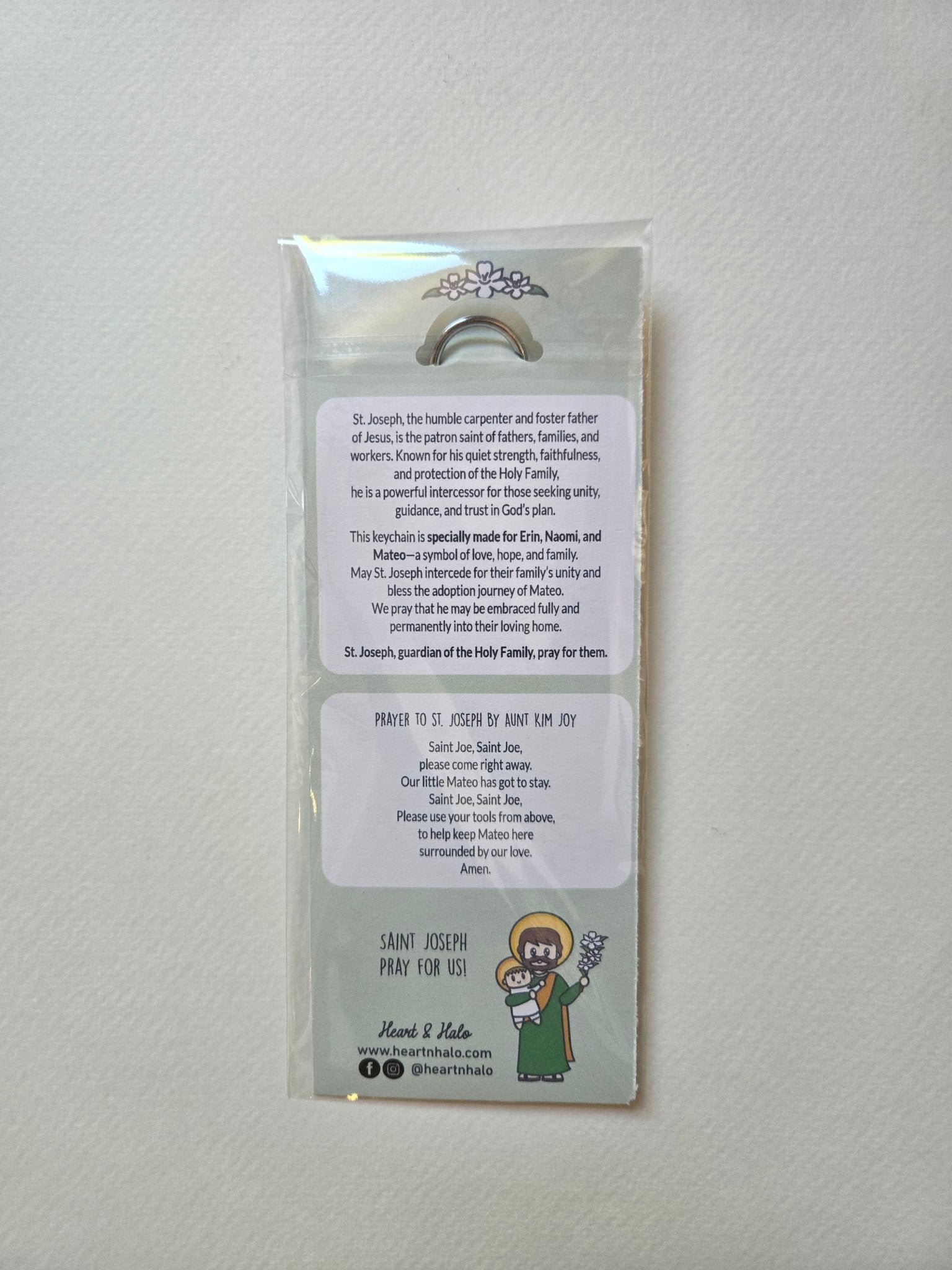 St. Joseph & Baby Jesus - Erin's Adoption Journey Keychain Created in Love, Guided by Faith - Heart & Halo
