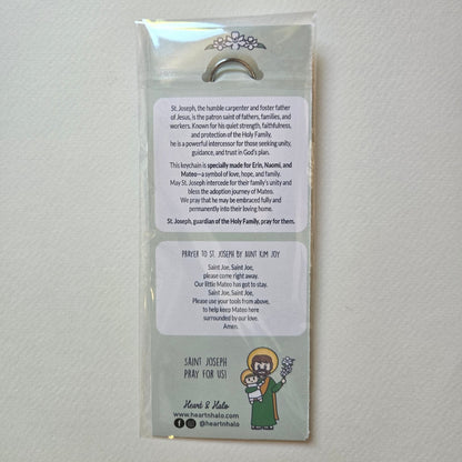 St. Joseph & Baby Jesus - Erin's Adoption Journey Keychain Created in Love, Guided by Faith - Heart & Halo