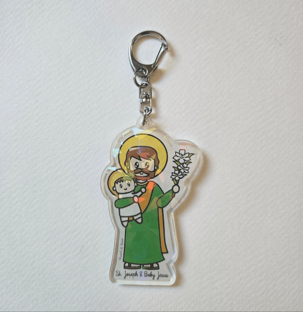 St. Joseph & Baby Jesus - Erin's Adoption Journey Keychain Created in Love, Guided by Faith - Heart & Halo