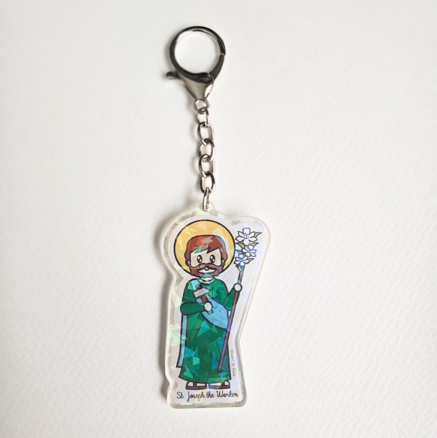 St. Joseph the Worker Acrylic Keychain | 2.75" Double - Sided Catholic Charm - Heart & Halo