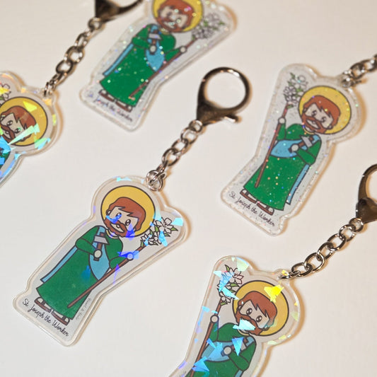 St. Joseph the Worker Acrylic Keychain | 2.75" Double - Sided Catholic Charm - Heart & Halo