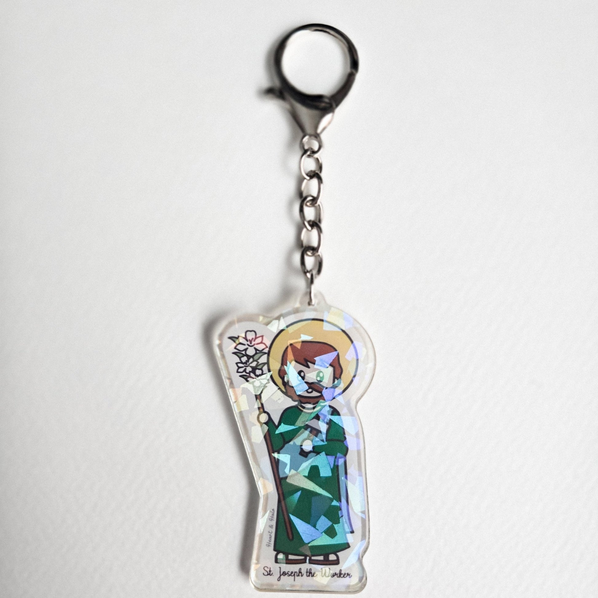 St. Joseph the Worker Acrylic Keychain | 2.75" Double - Sided Catholic Charm - Heart & Halo