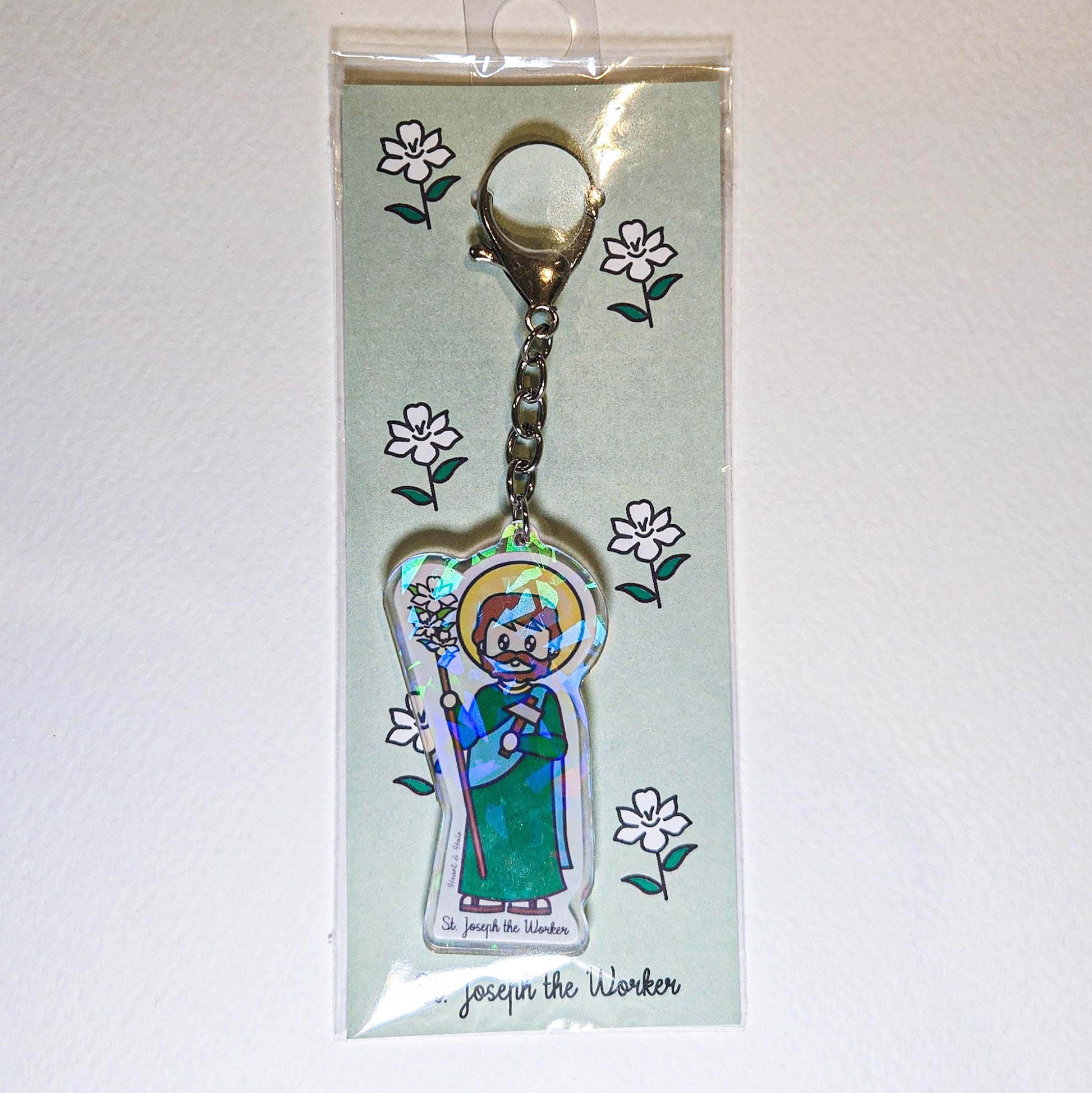 St. Joseph the Worker Acrylic Keychain | 2.75" Double - Sided Catholic Charm - Heart & Halo