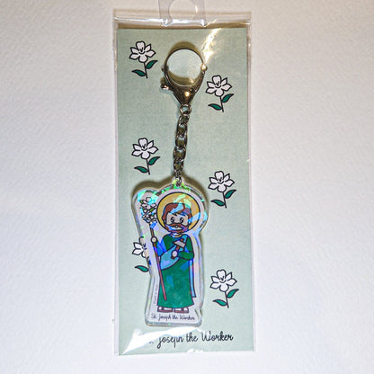 St. Joseph the Worker Acrylic Keychain | 2.75" Double - Sided Catholic Charm - Heart & Halo