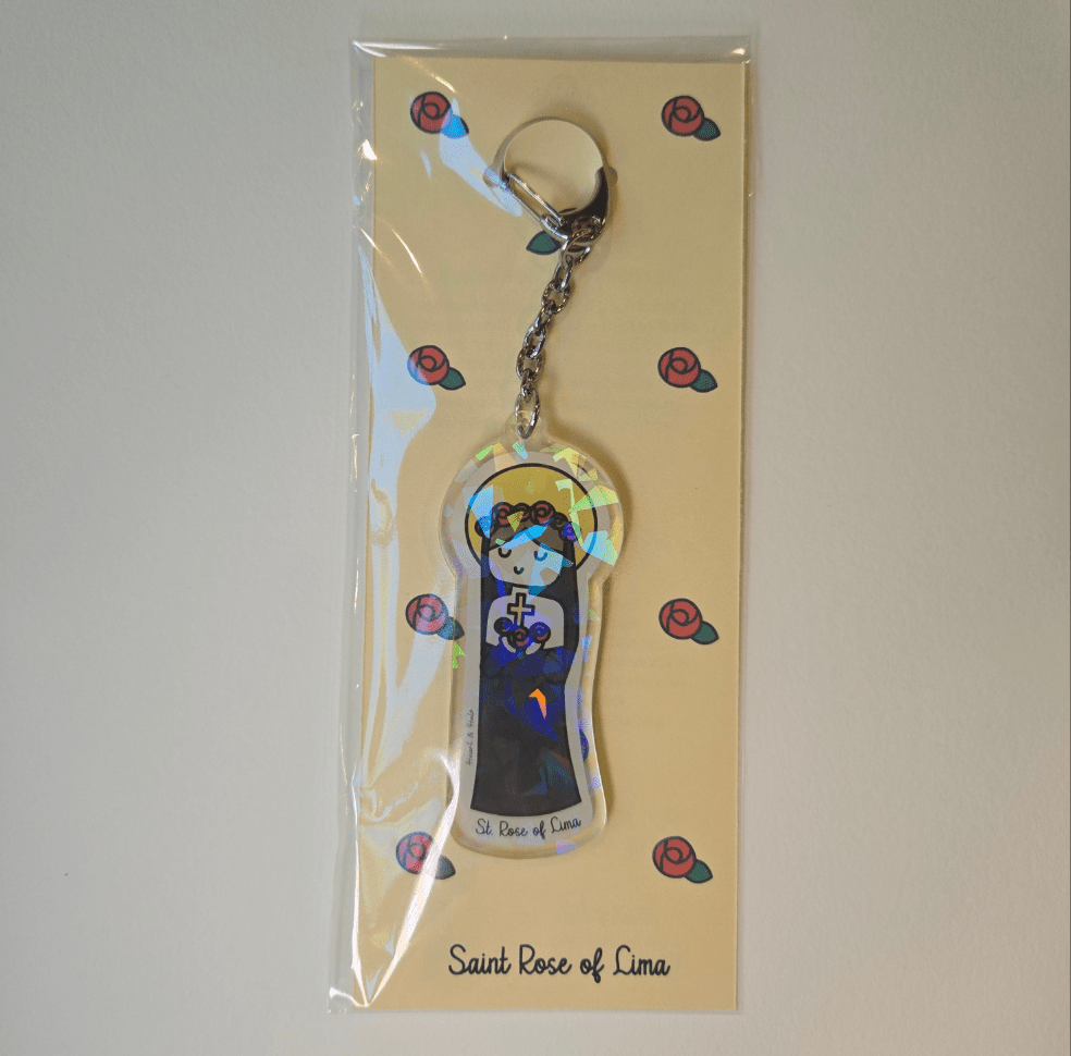 St. Rose of Lima Acrylic Keychain | 3" Double - Sided Catholic Charm - Heart & Halo